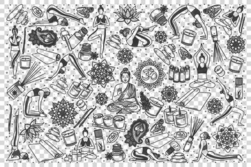 Yoga doodle set. Collection of hand drawn templates patterns sketches of meditation poses exercises and body or mental health relaxation symbols illustration. Healthy lifestyle illustration.