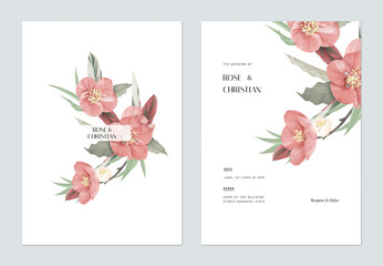 Floral wedding invitation card template design, various types of flowers and leaves bouquet