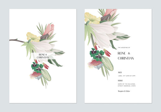 Floral wedding invitation card template design, various types of flowers and leaves bouquet