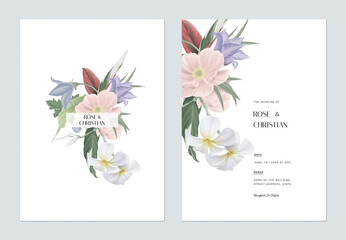 Fototapeta na wymiar Floral wedding invitation card template design, various types of flowers and leaves bouquet