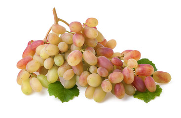 Ripe red grape . Pink bunch with leaves isolated on white.