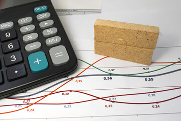 on the financial documents is a calculator and wooden cubes