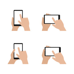 Obraz na płótnie Canvas Hands holding smart phone and touching screen - vector template cartoon set