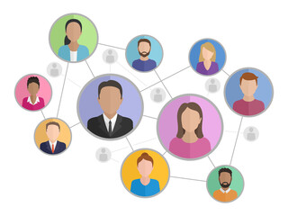 Social networking icon - schematic people group silhouettes connected to each other by lines - vector conceptual illustration 