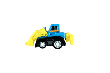 blue and yellow bulldozer child car on isolated background