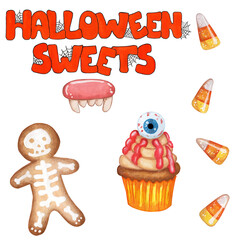 A set of sweets for Halloween. Orange text Halloween sweets with cobwebs, gingerbread with skeleton, candy teeth, caramels and cupcake in yellow mold with beige cream and eye. Watercolor illustration 