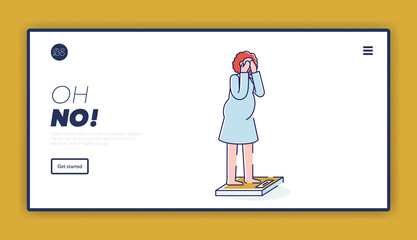 Landing page with scared woman measuring on weight scale with closed eyes