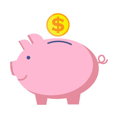 Pig bank for coins. Piggy to save money. Pink gold vault. Vector illustration. Stock image.