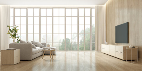3D rendering of modern living room with TV screen on wooden wall and sofa on nature background.	
