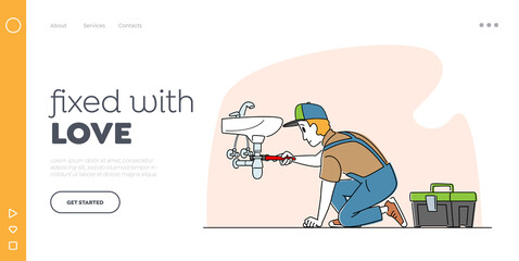 Husband for an Hour Home Repair Service Landing Page Template. Handy Man Fixing Broken Sink in Bathroom. Call Master