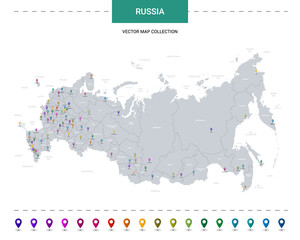 Russia map with location pointer marks. Infographic vector template, isolated on white background.