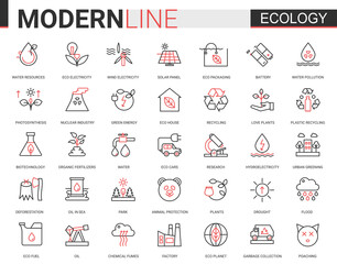 Ecology flat line icon vector illustration set. Red black thin linear design collection of ecosystem environmental resource symbols, eco cars houses, modern green city technology to save environment