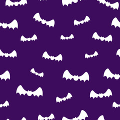 White bat silhouette on purple background seamless pattern. Cute little character illustration. Halloween festival. Decoration and pattern.