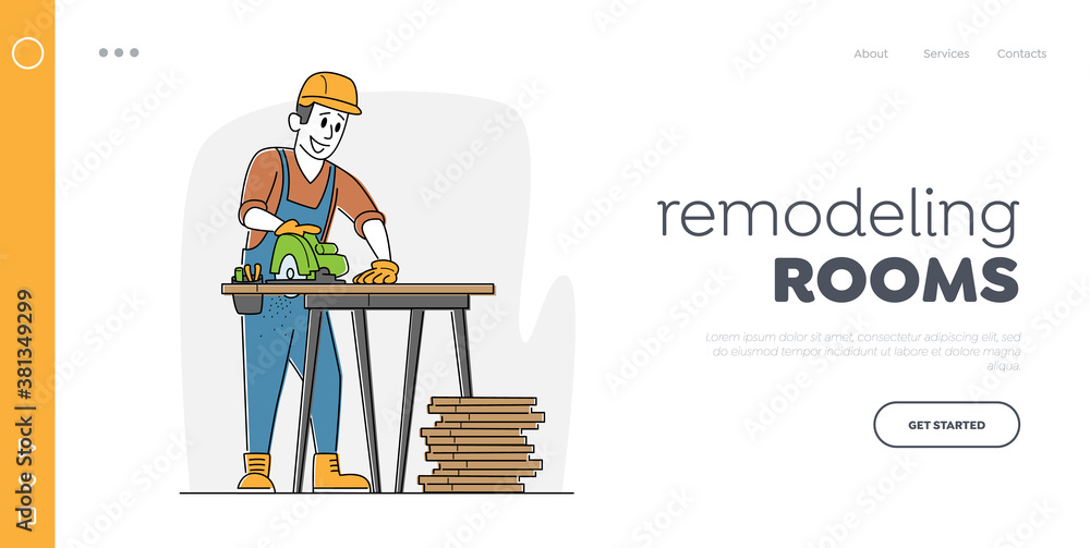 Poster worker carpentry woodwork landing page template. carpenter character with circular saw working in wo