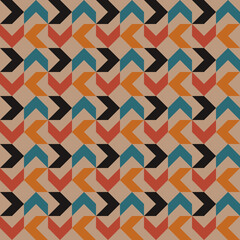Retro geometric vintage seamless vector pattern illustration. Brown, blue, black arrows with optical illusion.