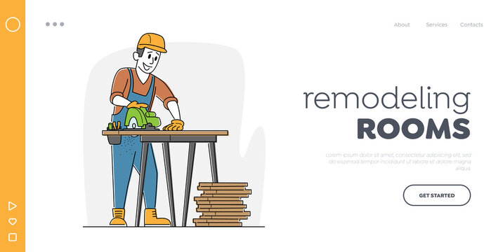 Worker Carpentry Woodwork Landing Page Template. Carpenter Character with Circular Saw Working in Workshop Sawing Planks