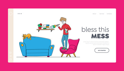 Girl Dusting Apartment, Housework Landing Page Template. Housewife Cleaning Book Shelf with Duster and Water Sprayer