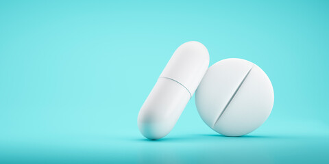 White Pills on blue background - 3D illustration