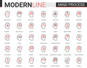 Mind process flat line icon vector illustration set. Red black thin linear symbols for mobile app website with human head in brainstorm processing, mental health problem, cogwheel inside brain concept