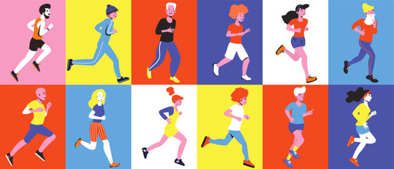 Fototapeta na wymiar Running diverse group of young and elderly men and women. Marathon race group. Jogging people. Flat color trends vector illustration.