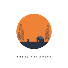 Halloween card vector template with witch walking to a house. Holiday postcard with message.