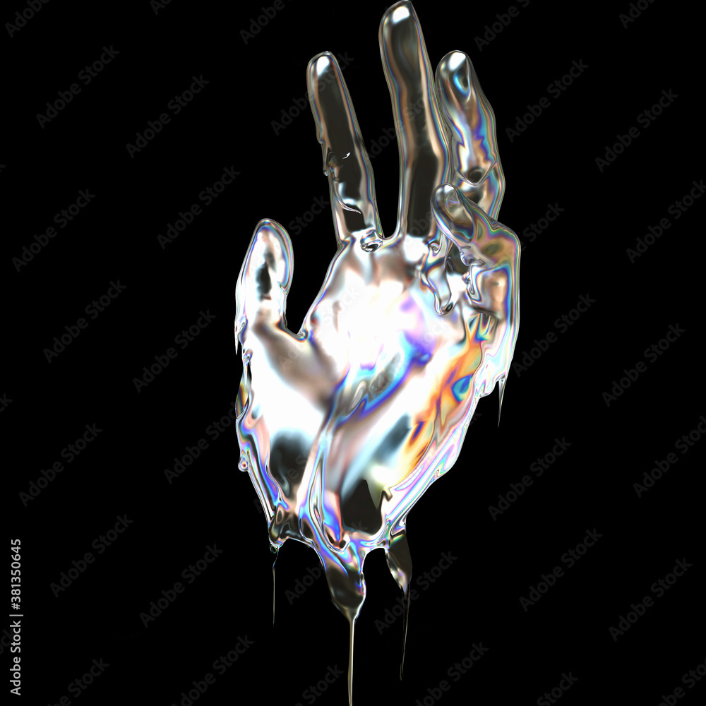 Poster 3d art holographic abstract futuristic design idea. hand gesture liquid metallic texture isolated on