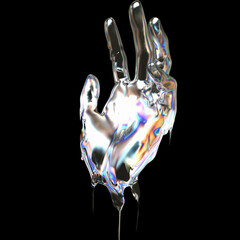 3d Art holographic abstract futuristic design idea. Hand gesture liquid metallic texture isolated on a black background 3d rendering concept.