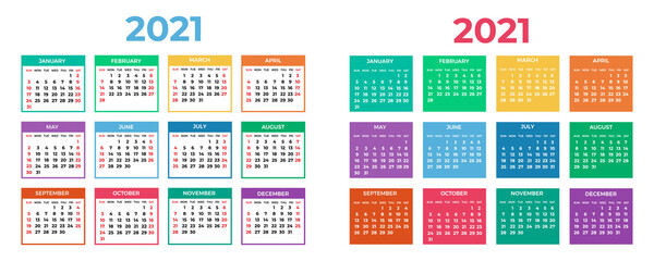 Calendar for 2021 on white background