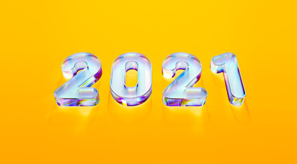 Happy New year 2021 celebration. Modern style iridescent crystals 3d numeral 2021 on yellow background. 3D rendering