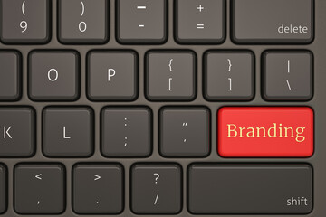 Branding Concept. Computer keyboard with Branding button, 3D render. 3D illustration.