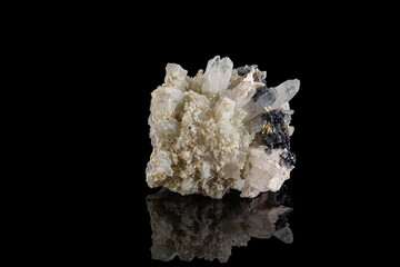macro stone mineral Calcite Galena pyrite on a black background
