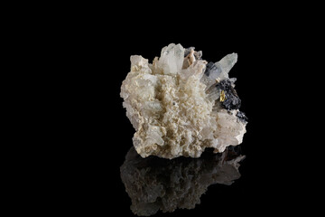 macro stone mineral Calcite Galena pyrite on a black background