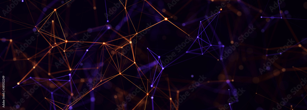 Poster Abstract polygonal space with connecting dots and lines. Dark background. Connection structure. 3d Widescreen