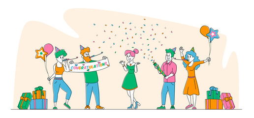 Characters Celebrate Surprise Birthday Party. Cheerful Friends in Festive Hats Playing Pipes with Balloons and Confetti