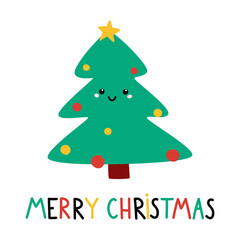 Cute cartoon Christmas tree with lettering Merry Christmas.  Christmas greeting card. Vector flat illustration. Christmas illustration. Holiday poster with  cartoon character. 