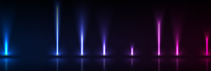 Blue and ultraviolet neon laser lines with reflection. Abstract rays technology retro background. Futuristic glowing vector banner design