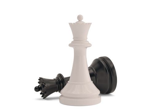 Two chess queens Isolated On White Background, 3D render. 3D illustration.