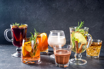 Various autumn winter alcohol drinks set. Different seasonal alcohol cocktails - mulled wine, glogg, grog, eggnog, ginger ale, hot buttered rum, punch, apple cider, sangria, white background