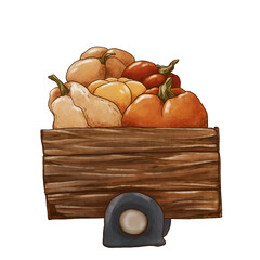 A cart full of pumpkins. cozy illustration isolated on white background. Harvest - 381353496