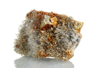 macro mineral stone Quartz Pyrite on a white background