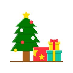 stars, on Christmas trees, and gifts boxes vectors, in flat style,