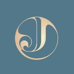 Letter J logo.Calligraphic icon in golden color isolated on dark background.Hand drawn typographic shape with uppercase lettering.Initial character with round frame.Luxury badge style sign.