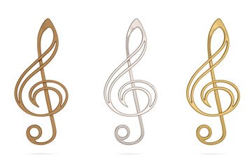 Gold, silver and bronze music note Isolated On White Background, 3D render. 3D illustration.