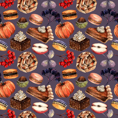 Watercolor illustration. Autumn. pumpkin pie, cake, biscuit apple pie, macarons, handmade, card for you,seamless pattern,dark background