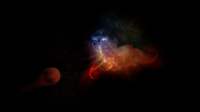 Spaceship takes off alien planet. Elements of this image furnished by NASA. - Powered by Adobe