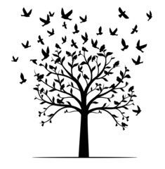 Winter naked tree and black birds. Vector outline Illustration. Plant in Garden. EPS file.