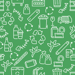 Recycling and sorting of waste seamless pattern with flat line white icons on green background. Garbage sorting