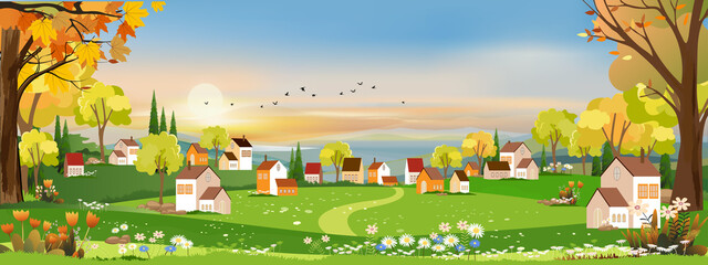 Spring landscape in Sunny day village with meadow on hills with blue sky, Panoramic countryside of green field with farmhouse, barn and grass flowers,Vector Summer or Spring nature background