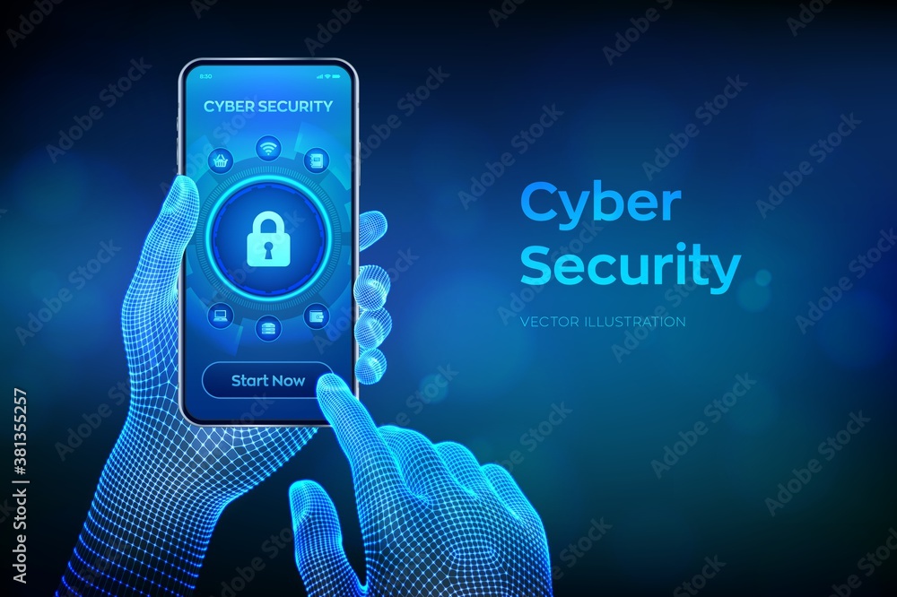 Poster cyber security. data protection concept on virtual screen. padlock with keyhole icon. internet priva