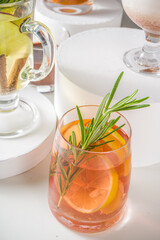 Various autumn winter alcohol drinks set. Different seasonal alcohol cocktails - mulled wine, glogg, grog, eggnog, ginger ale, hot buttered rum, punch, apple cider, sangria, white background